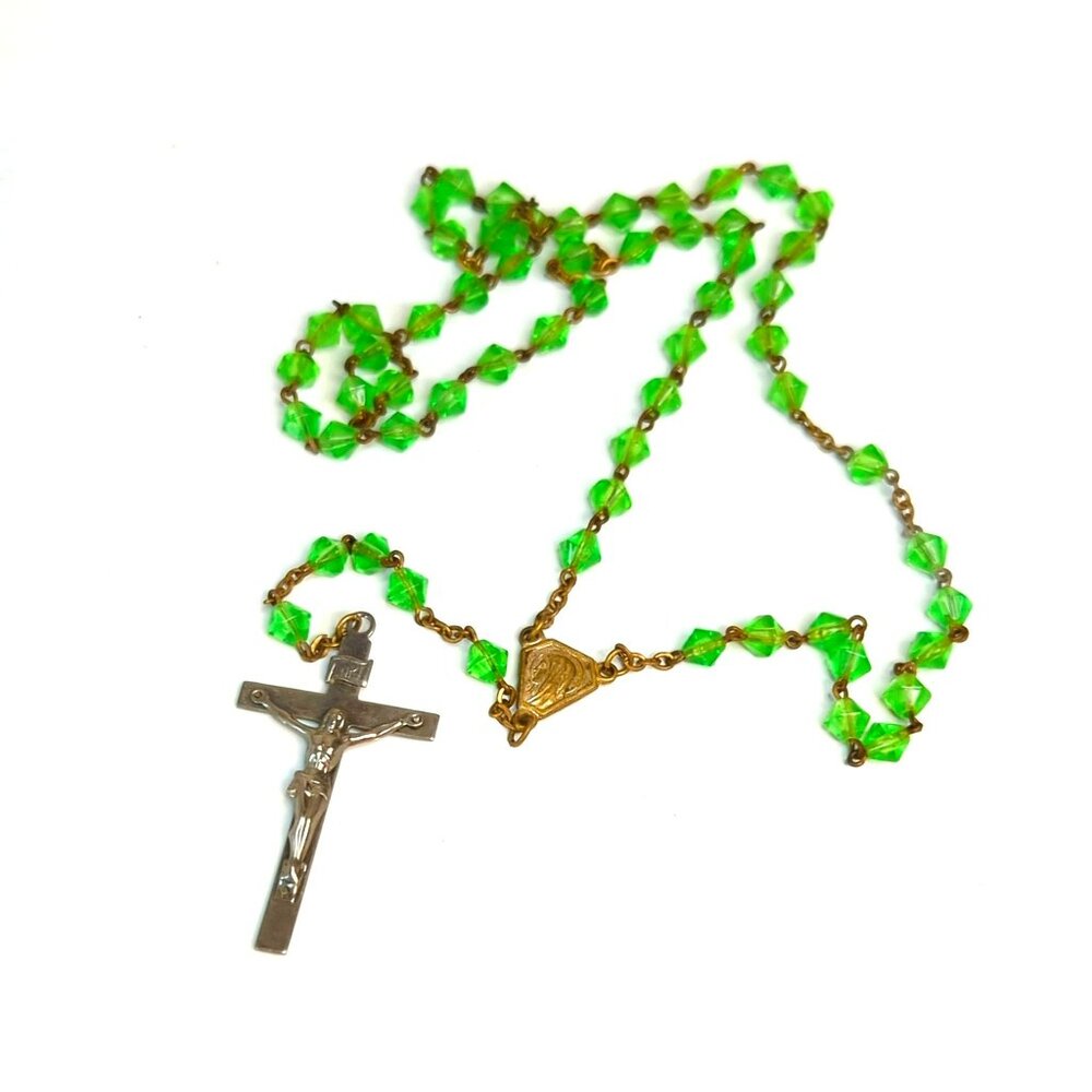 Vintage Green Rosary Beads With Metal Crucifix & Virgin Mary Centerpiece